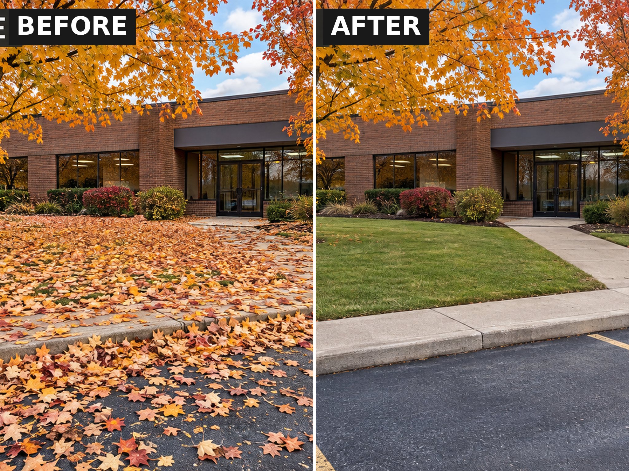 Before-and-after comparison of fall leaf cleanup